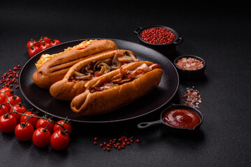 Hotdog with grilled sausage with bacon and mushrooms