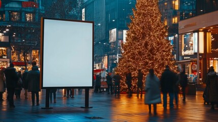 A large blank billboard stands in a city square at night. A large Christmas tree with lights stands...