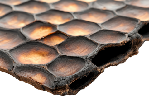 A burnt object with a lot of holes and a burnt look. transparent background