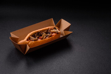 Hotdog with grilled sausage with bacon and mushrooms