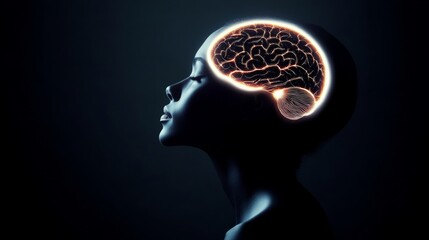 Fototapeta premium Woman's face is shown with a brain in the center. The brain is glowing and surrounded by a black background. Concept of mystery and intrigue