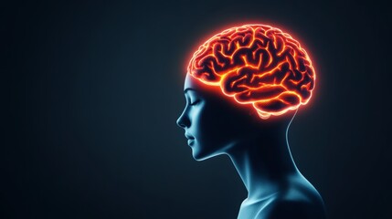 Woman's head with a brain that is glowing red. The brain is surrounded by a blue background