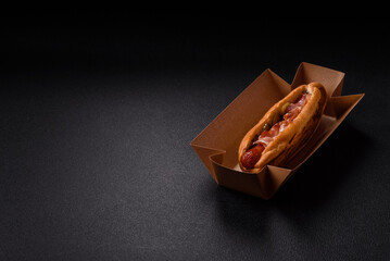 Hotdog with grilled sausage with bacon and mushrooms