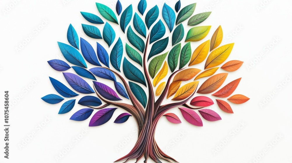 Poster colorful tree with many leaves is the main focus of the image. the tree is made up of different colo