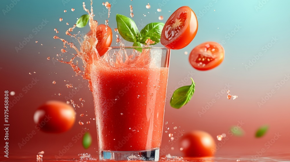 Poster glass of red juice with a tomato slice in it. the juice is splashing out of the glass, creating a se