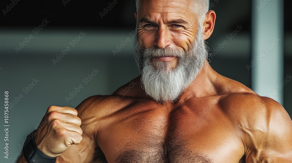 Poster man with a beard and a bald head is flexing his muscles. he has a serious expression on his face