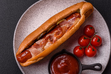 Hotdog with grilled sausage with bacon and mushrooms