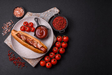 Hotdog with grilled sausage with bacon and mushrooms