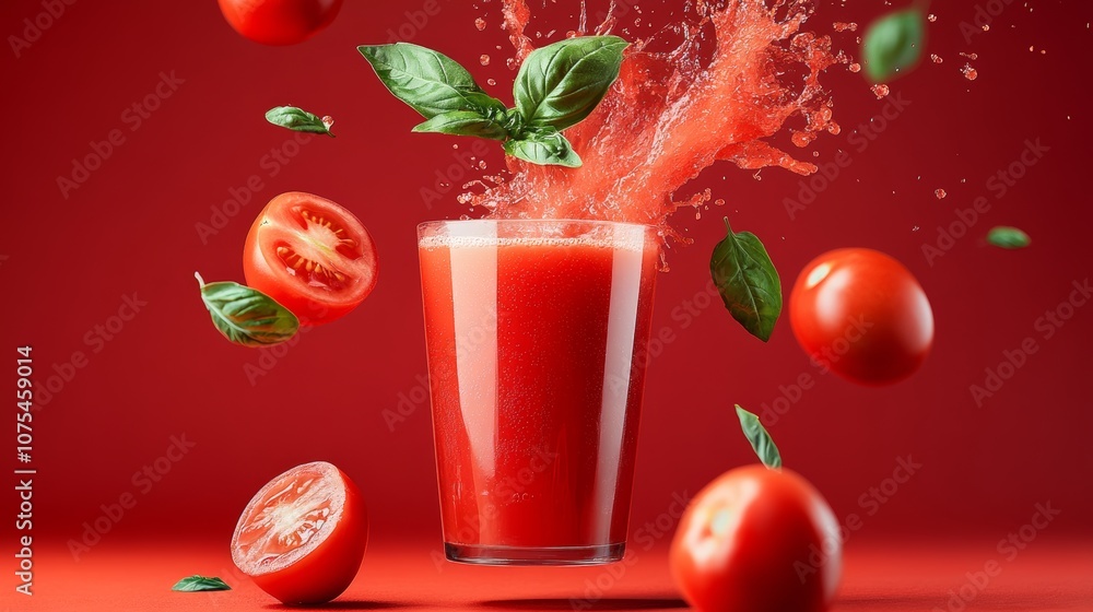 Poster glass of red juice with a tomato slice in it. the juice is splashing out of the glass and the tomato