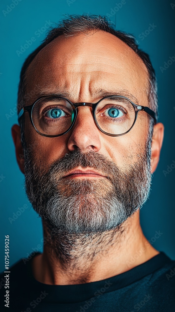 Poster man with a beard and glasses is staring at the camera. concept of seriousness and introspection