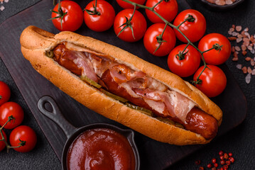 Hotdog with grilled sausage with bacon and mushrooms