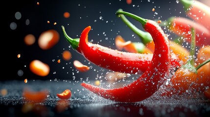 Close up of a pepper with a sprinkle of salt on it. The pepper is red and has a green stem