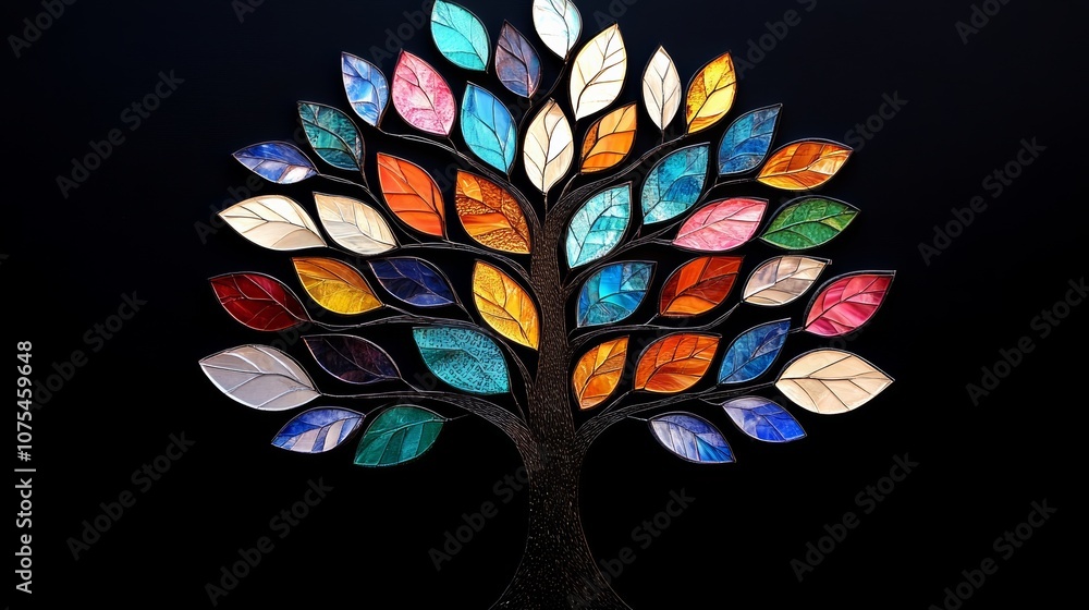 Poster colorful tree made of many different colored leaves. the leaves are arranged in a way that they look