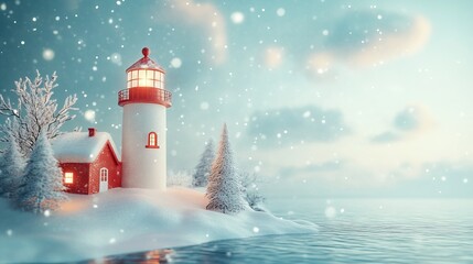 A picturesque lighthouse amidst snowy scenery, creating a serene winter landscape with soft snowfall and tranquil waters.