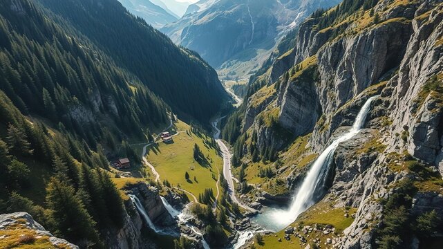 waterfall in the Bavona Swiss Alpine valley from above, rugged terrain, peaceful haven