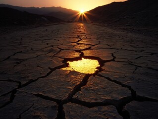 A breathtaking sunset casts golden light on a cracked, dry landscape, highlighting the beauty and...