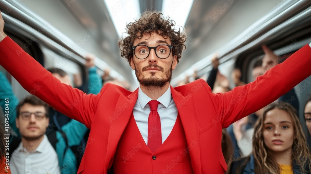 Poster man in a red suit and tie is standing in a crowded subway car. he is looking at the camera with a su