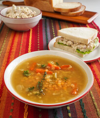Lentil Soup and Chicken Salad Sandwich on Red Vert