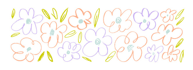 Naklejka premium Simple cute crayon drawn colorful chamomile flowers with leaves collection. Hand drawn botanical vector elements. Kid's style doodle daisy flowers. Crayon drawn daisy simple flowers.