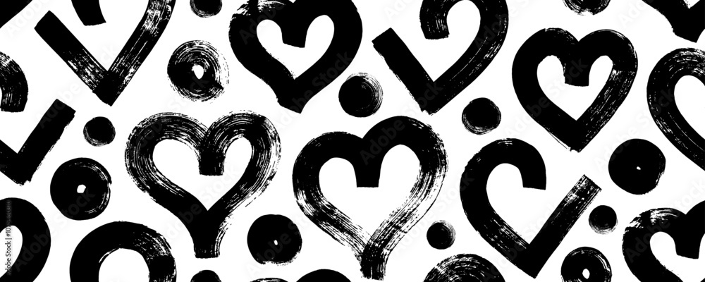 Aufkleber modern abstract romantic background with bold brush drawn hearts and dots. seamless pattern for vale