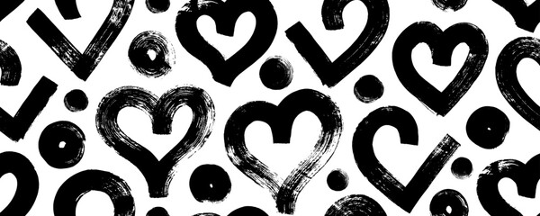 Fototapeta premium Modern abstract romantic background with bold brush drawn hearts and dots. Seamless pattern for Valentine's day with thick grunge hearts and simple dots. Geometric love background.