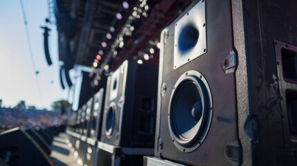 Speakers set up for outdoor concert, ready to entertain music fans with powerful sound system. Stage is all set for top notch live performance at summer event