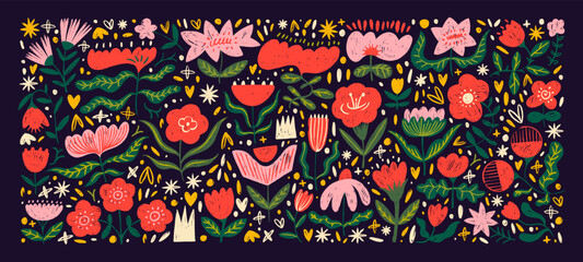 Colorful cute childish flowers drawn with a crayon. Hand drawn childish girly style botanical collection. © Anastasiia Hevko