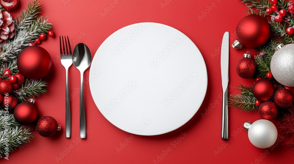 Poster white plate with silverware and a bunch of red and white christmas ornaments. the plate is empty and