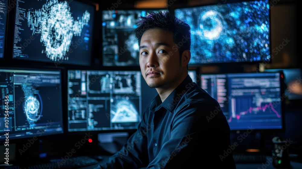 Poster asian cybersecurity expert focused on multiple screens, analyzing data and protecting systems, showc