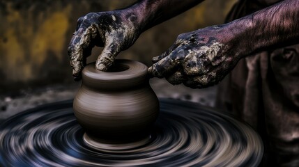 Asian Artist Skillfully Working with Clay on Pottery Wheel Creating Unique Ceramic Piece in a Traditional Craft Setting