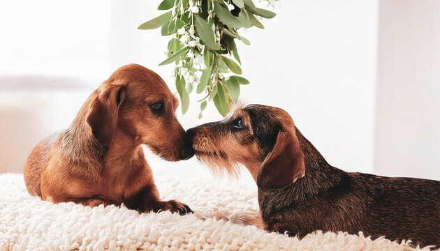 Two cute miniature Dachshund sausage dogs under the mistletoe kissing on the nose on a white fluffy blanket, in a modern home interior, seasonal Christmas holiday festive theme