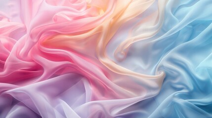 Obraz premium Pastel Dream: Soft, flowing fabric in a gradient of pastel pink, orange, yellow, and blue. A dreamy, ethereal texture perfect for backgrounds or design inspiration. 