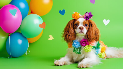 Cavalier King Charles in floral accessories against green balloon background