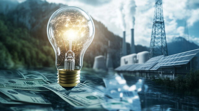 Massive light bulb towering over dollar symbols and bills, with hydroelectric dams, solar farms, and nuclear power plants in the backdrop, representing the journey to affordable en