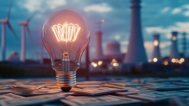 Huge light bulb radiating over dollar signs, with hydroelectric dams, nuclear plants, and wind turbines in the background, symbolizing clean energy initiatives