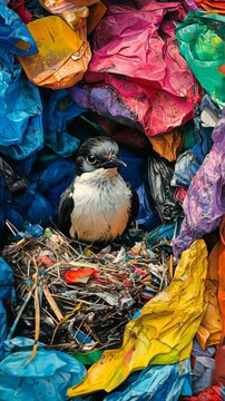 Bird resting in nest among colorful plastic waste