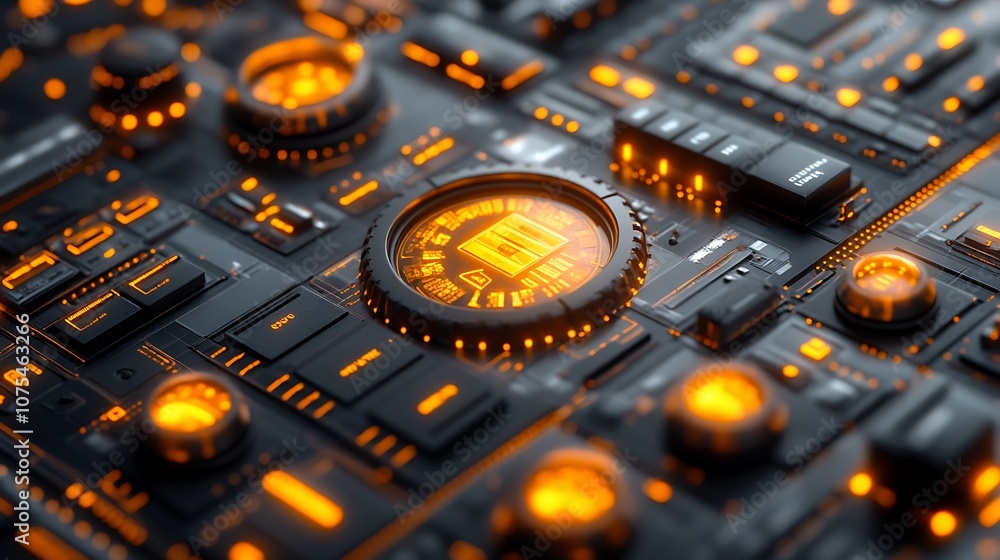Poster close-up of a futuristic control panel with glowing orange lights and buttons.
