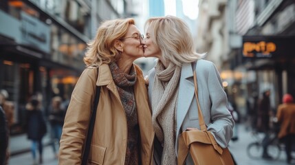 portrait of two senior women walking and kissing together in city