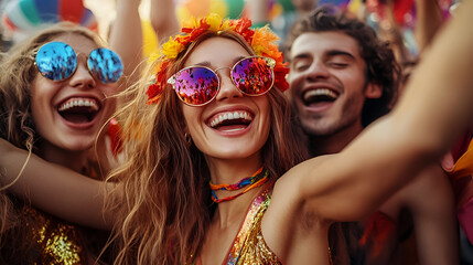 Obraz premium A joyful group of friends celebrating at a vibrant festival with colorful decorations