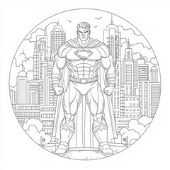 A superhero saving the day in a city, coloring page for kids, simple outline illustration. Coloring book, simple lines.