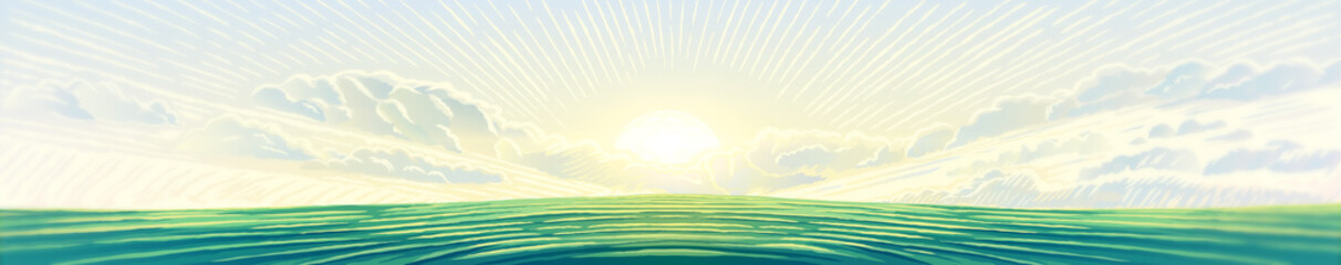 Morning rural landscape dawn over the field, an elongated format for the convenience of using it as a background. Raster illustration.