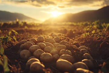 Obraz premium Freshly dug potatoes drying in golden sunlight on farm field