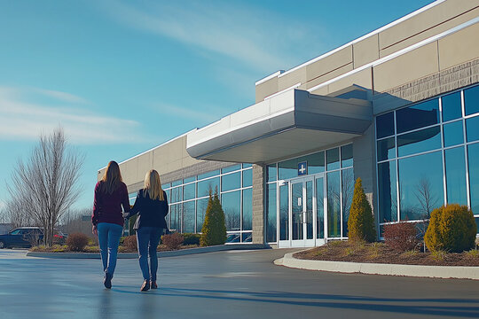 A modern healthcare organization building, featuring a welcoming entrance and diverse staff members engaging with patients in a friendly environment