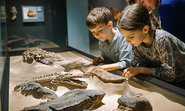 Children exploring fossils in a museum exhibit, engaging with ancient marine life.