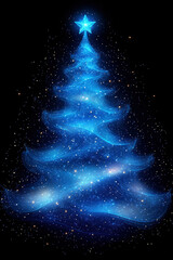 A blue Christmas tree made of glowing stars on a dark background, festive card, illustration, simple flat design.