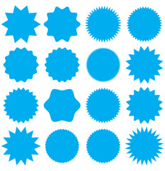 Badge star, sticker starburst shape, sale price tag, colorful sun, circle and oval label, round discount icon isolated on white background. Color vintage banner set. Vector illustration