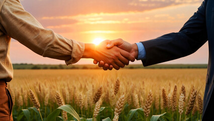 Warm, golden scene of partnership in agriculture, with handshake set against expansive wheat fields at sunset
