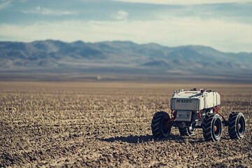 Obraz premium a robotic agricultural assistant planting seeds in a vast open field.