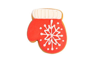 Homemade gingerbread colorful cookie „Red decorated mitten“ on white, isolated Christmas handmade gingerbread cookie „Red decorated mitten“ on white background, Christmas dessert, top view, flat lay