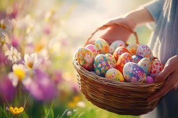 Fototapeta premium Colorful Easter Eggs in a Basket in Spring Setting